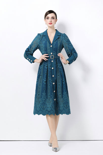 Women's Puff Sleeve Lace Hollow Out Midi Dress