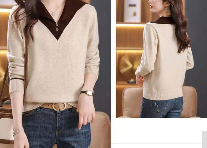Chic Contrast Collar Knit Sweater - Elegant V-Neck Pullover