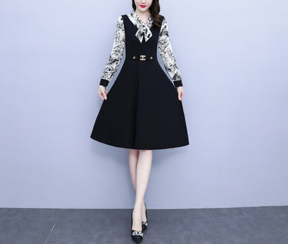 Women's Elegant Tie Neck Long Sleeve Black Dress - LAI MENG FIVE CATS