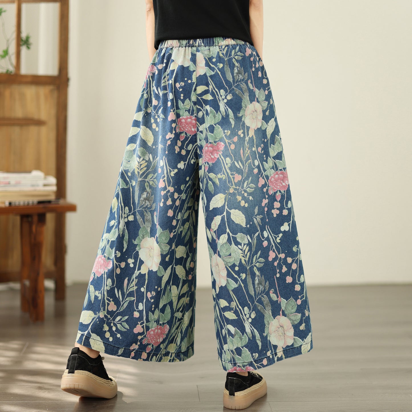 Women's Wide Leg Jeans Baggy Floral  Wasited Elastic Pants - LAI MENG FIVE CATS