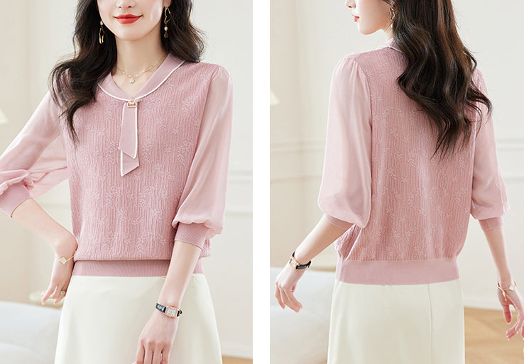 Tie-Neck Lightweight Knit Polo Top