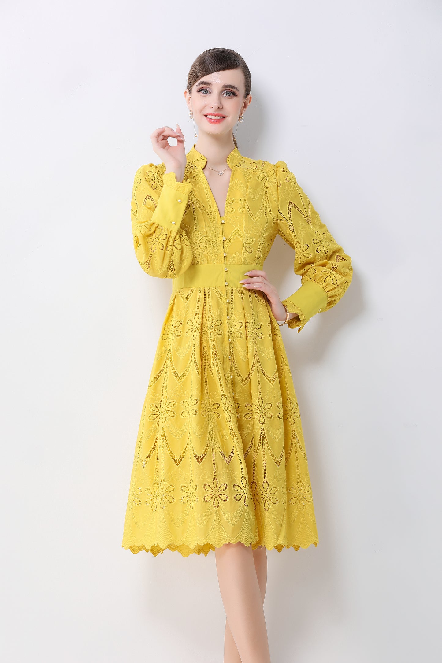 Women's V-Neck Long Sleeve Hollow Out Lace Midi Dress