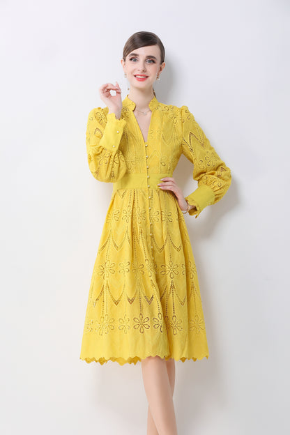 Women's V-Neck Long Sleeve Hollow Out Lace Midi Dress