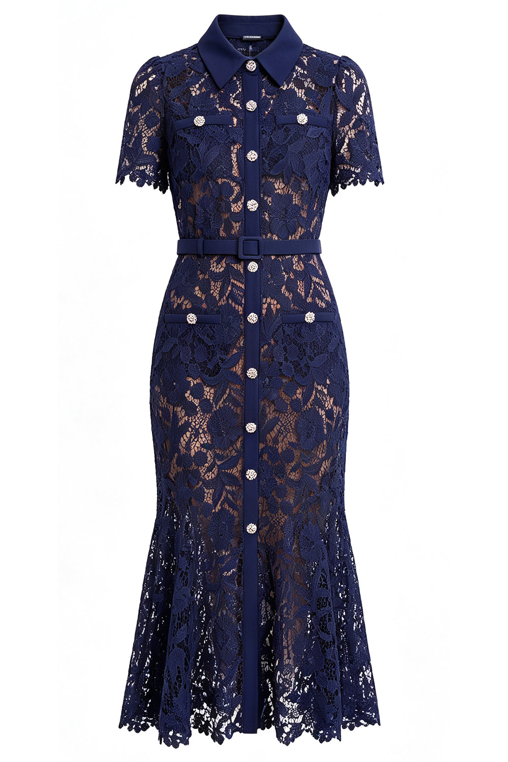 Navy Lace Mermaid Midi Dress with Belt