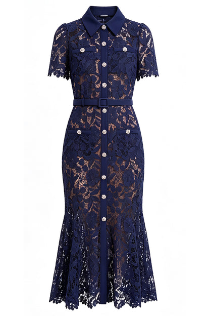 Navy Lace Mermaid Midi Dress with Belt
