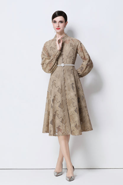 Women's Long Sleeve Eyelet Embroidery Button Midi Dress