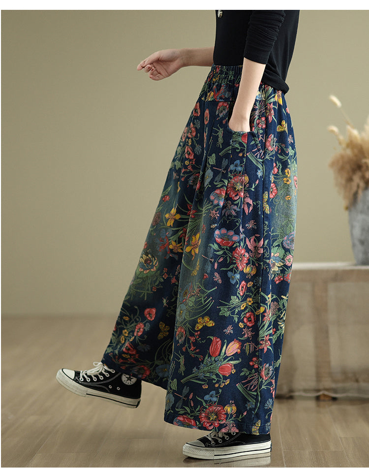 Vintage Floral Wide Leg Denim Pants Women's Boho Loose Casual Trousers