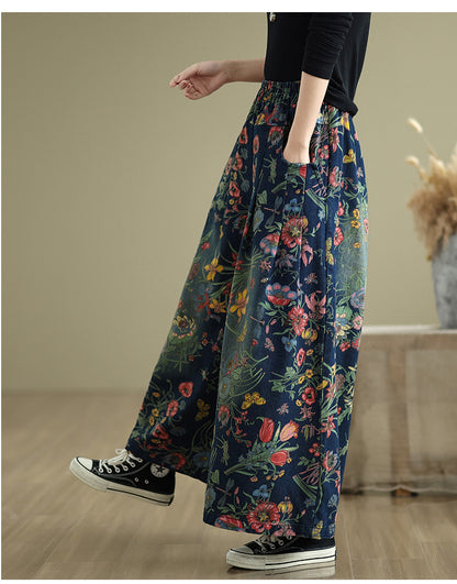 Vintage Floral Wide Leg Denim Pants Women's Boho Loose Casual Trousers