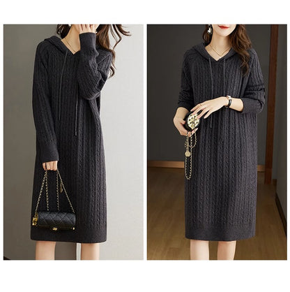 Women's Cable Knit Sweater Hoodie Midi Dress
