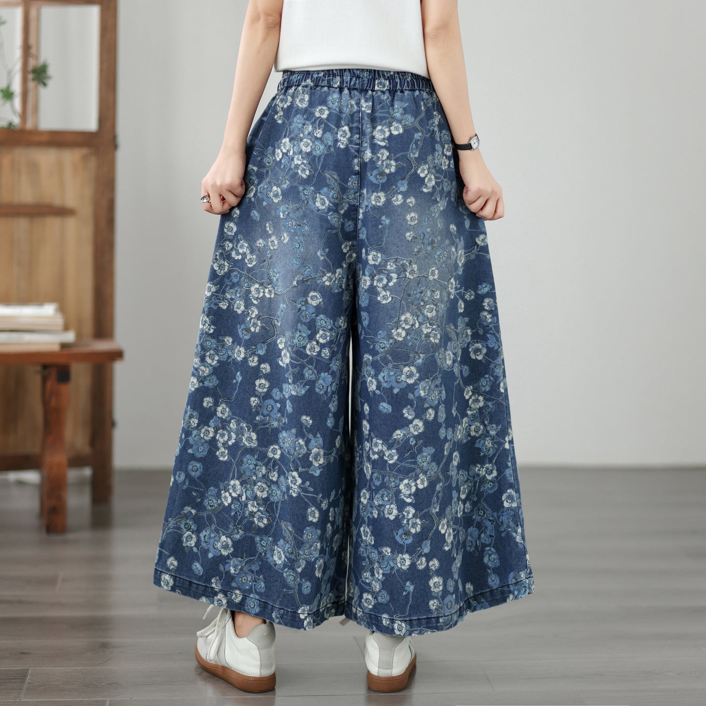 Women's Wide Leg Jeans Baggy Floral Wasited Elastic Pants - LAI MENG FIVE CATS