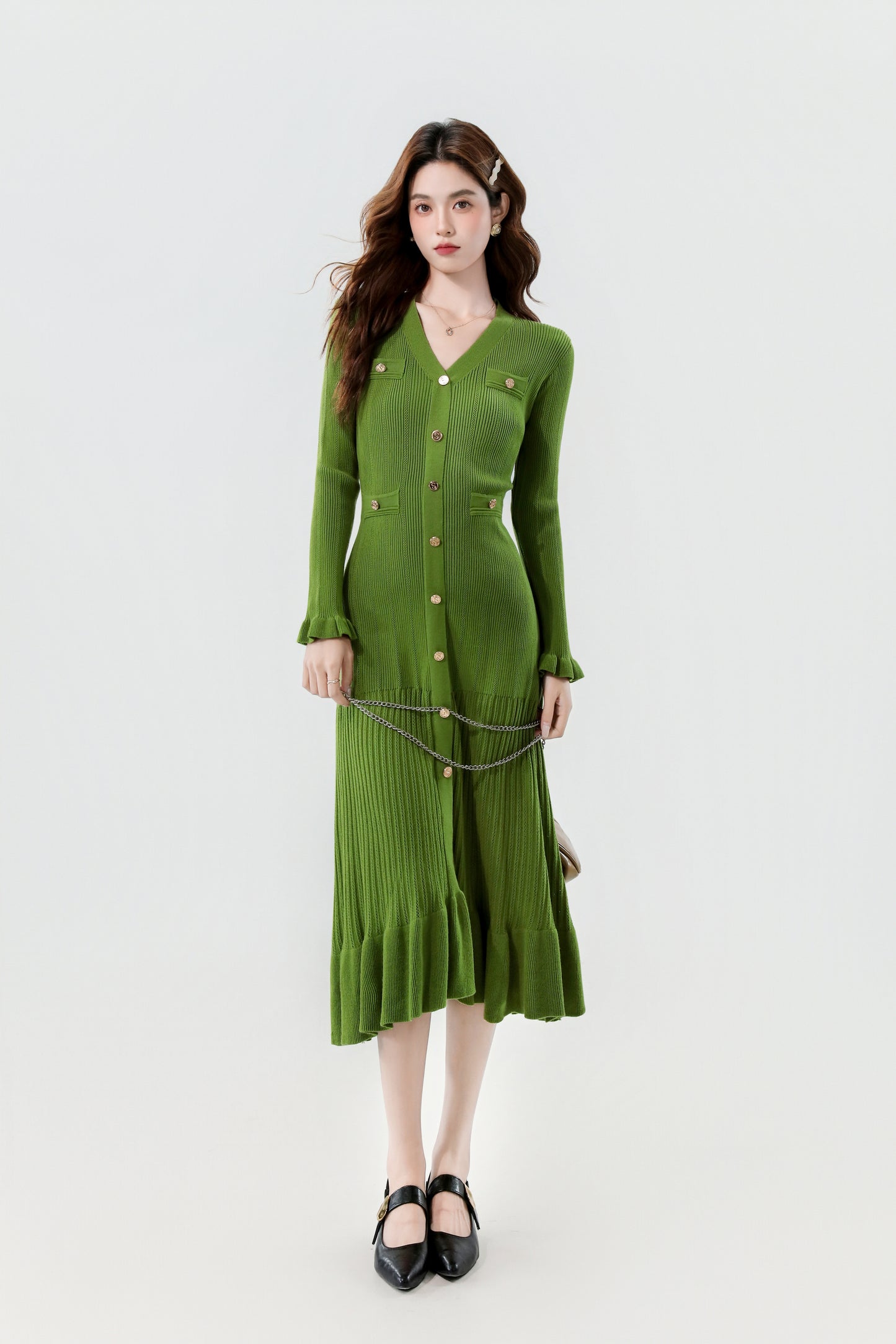 Women's V-Neck Sweater Knit Fishtail Hem Midi Dress