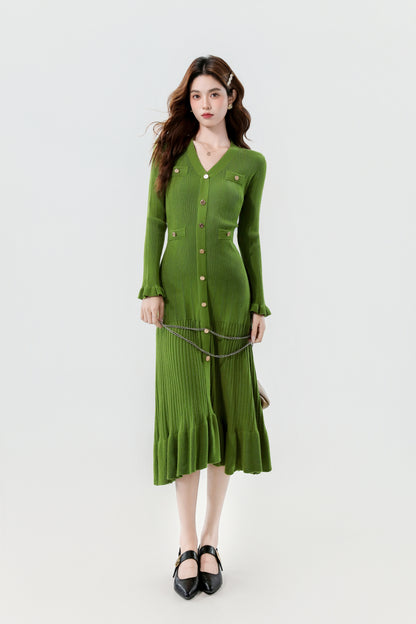 Women's V-Neck Sweater Knit Fishtail Hem Midi Dress