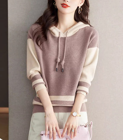 Women's Striped Color Block Hoodies Sweater Knit Tops