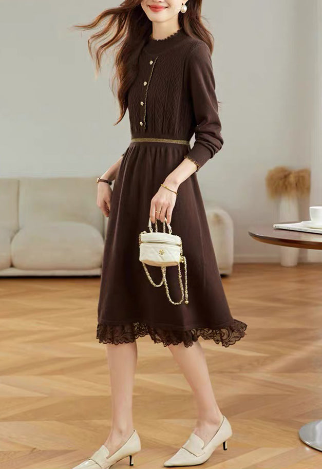 Women's Turtleneck Sweater Knit Lace Trim Midi Dress