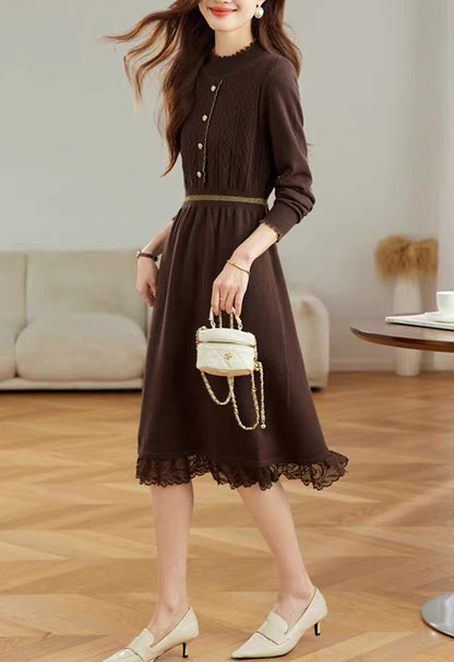Women's Turtleneck Sweater Knit Lace Trim Midi Dress