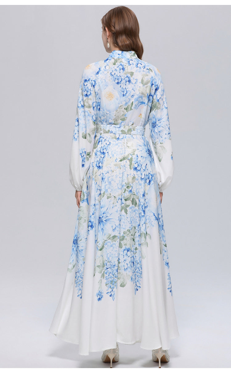 Women's Lantern Sleeve Floral Print Button Maxi Dress With Belts