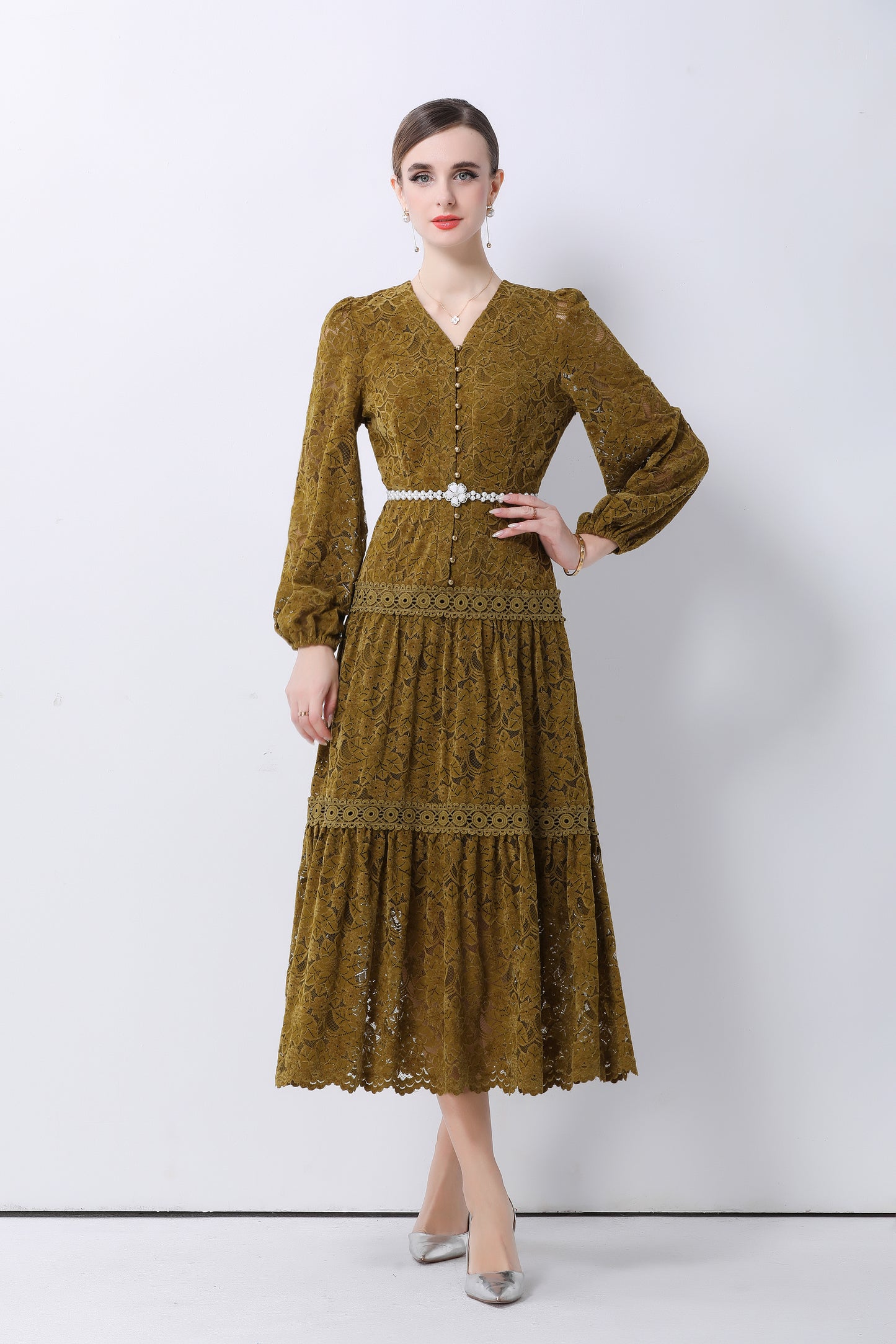 Women's V-Neck Puff Sleeves Button Lace Midi Dress