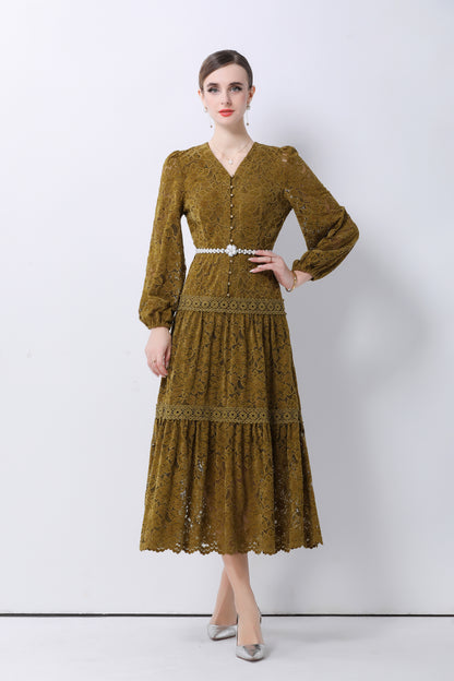 Women's V-Neck Puff Sleeves Button Lace Midi Dress