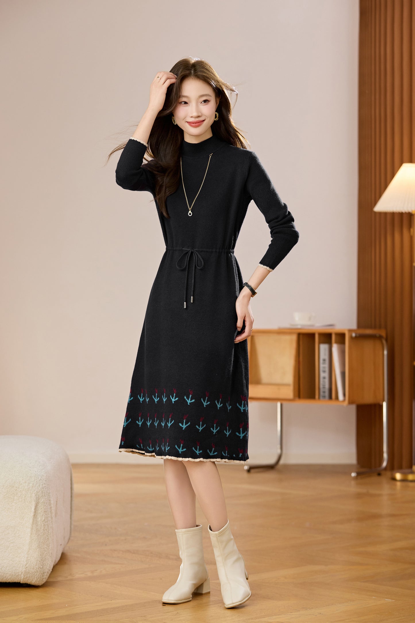 Women's Wool Sweater Drawstring Waist Print Knit Midi Dress