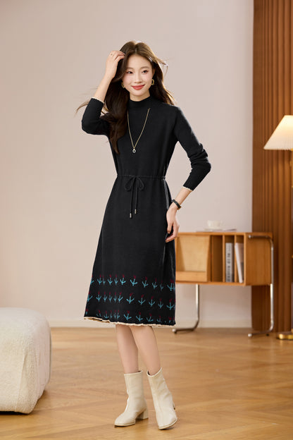 Women's Wool Sweater Drawstring Waist Print Knit Midi Dress