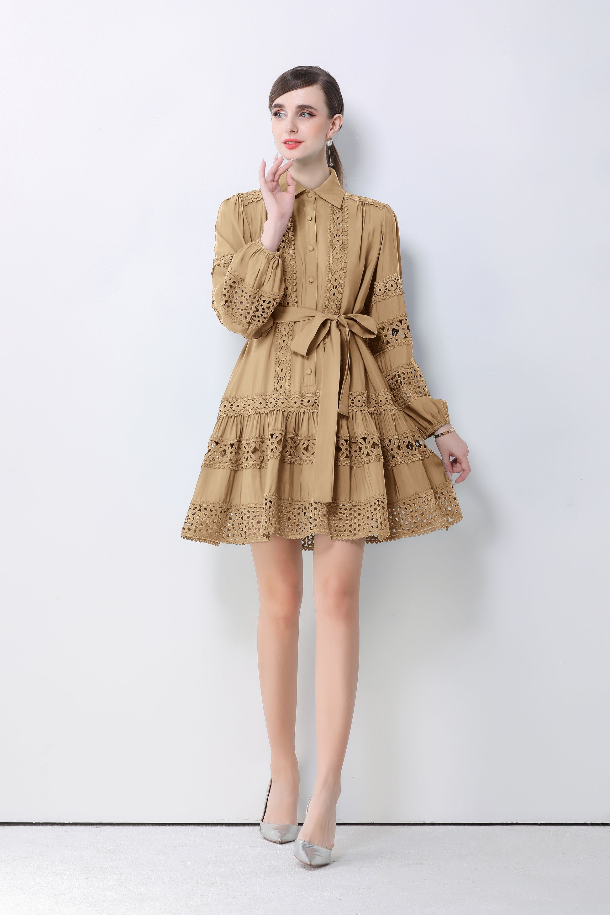 Women's Hollow Out Lace Puff Sleeve Button Mini Dress - LAI MENG FIVE CATS