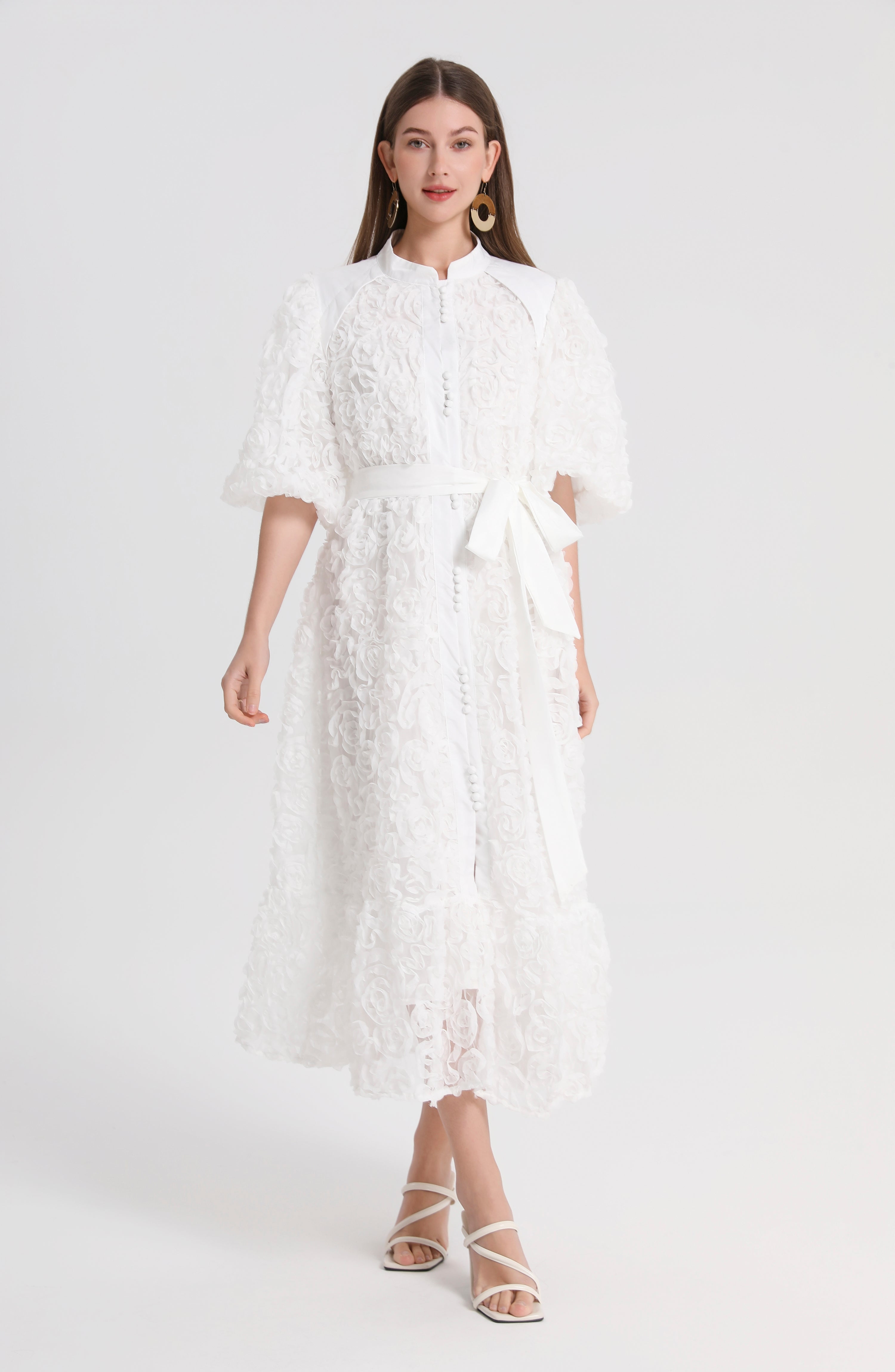 Women's 3D Floral Puff Sleeves Fishtail Hem Maxi Dress – LAI MENG