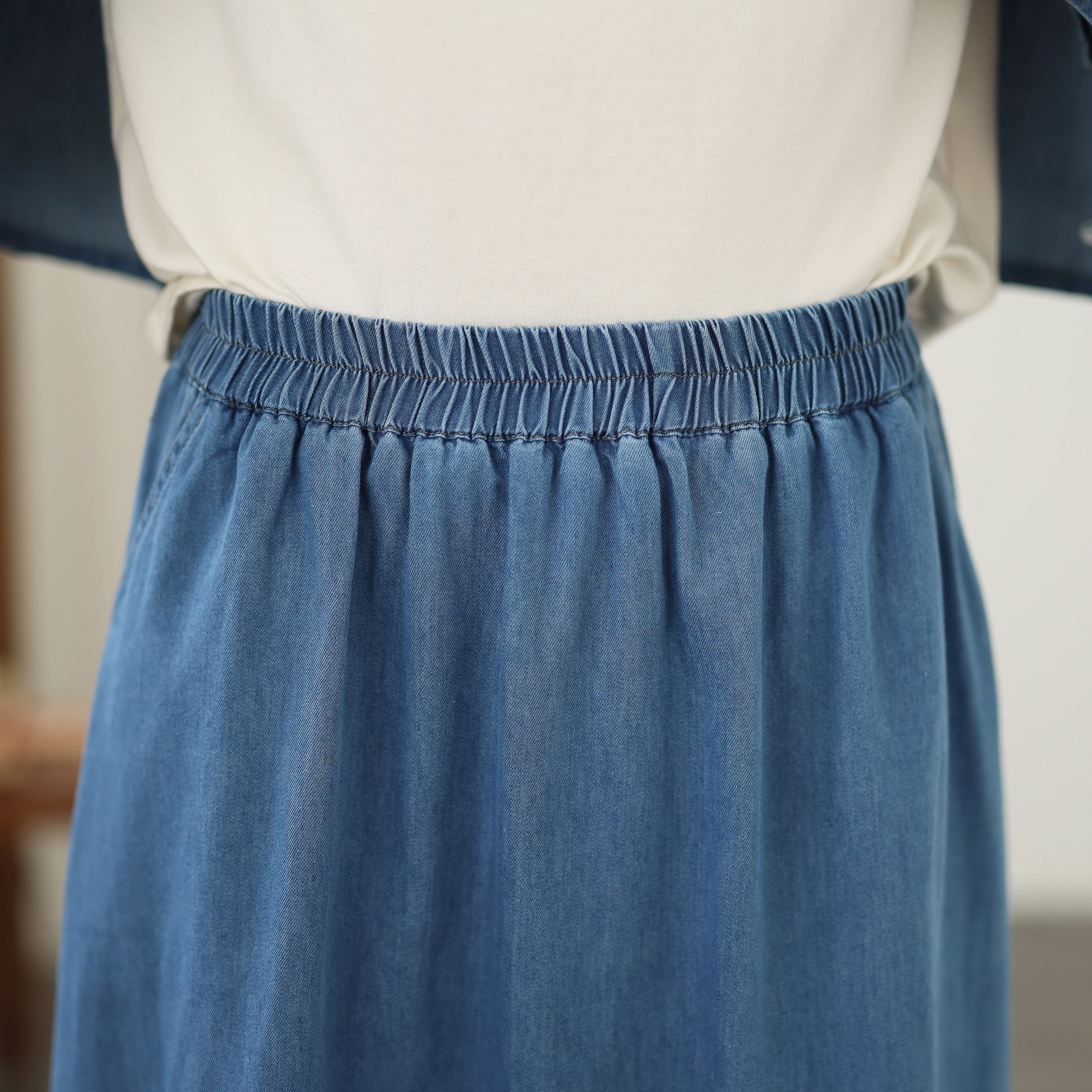 Women's Embroidered Elastic Waist Denim Jean Maxi Skirt Pocket - LAI MENG FIVE CATS
