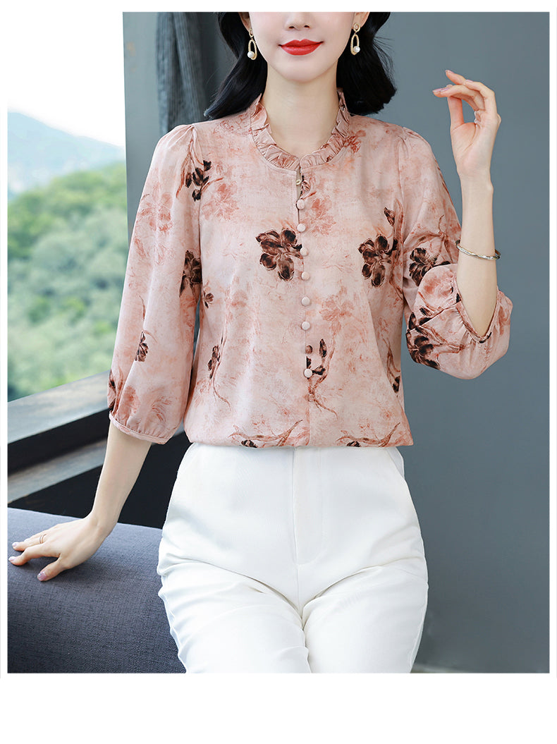 Women's Floral Print Ruffle Button Loose Blouses Top