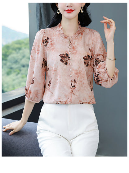 Women's Floral Print Ruffle Button Loose Blouses Top
