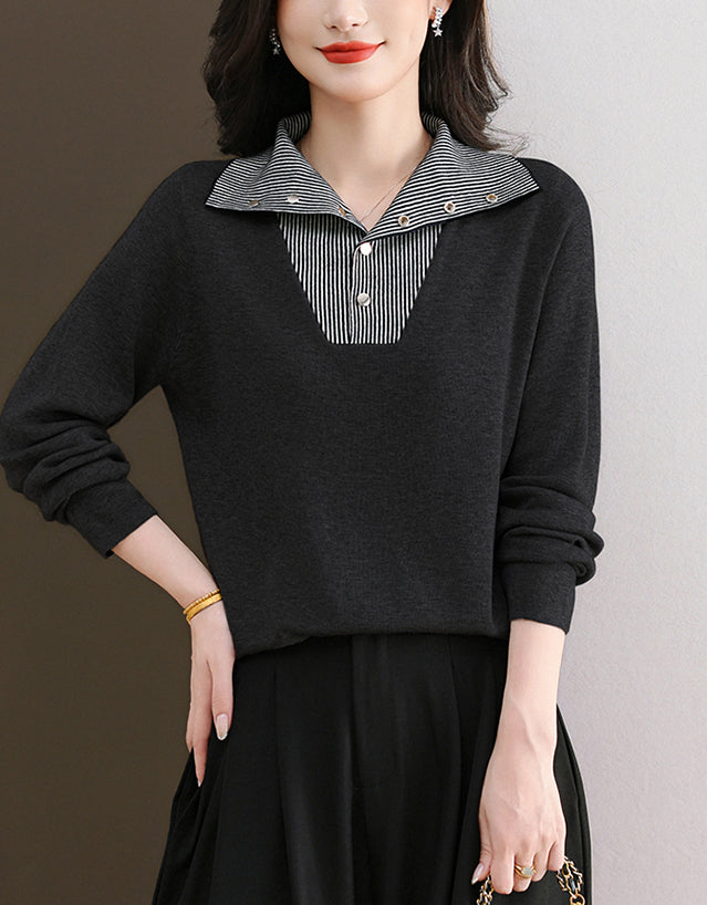 Women's Long Sleeve Sweater Striped Knit Pullover Tops - LAI MENG FIVE CATS