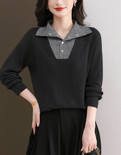 Women's Long Sleeve Sweater Striped Knit Pullover Tops - LAI MENG FIVE CATS