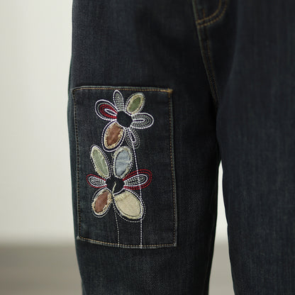 Women's Elastic Waist Embroidery Denim Jeans