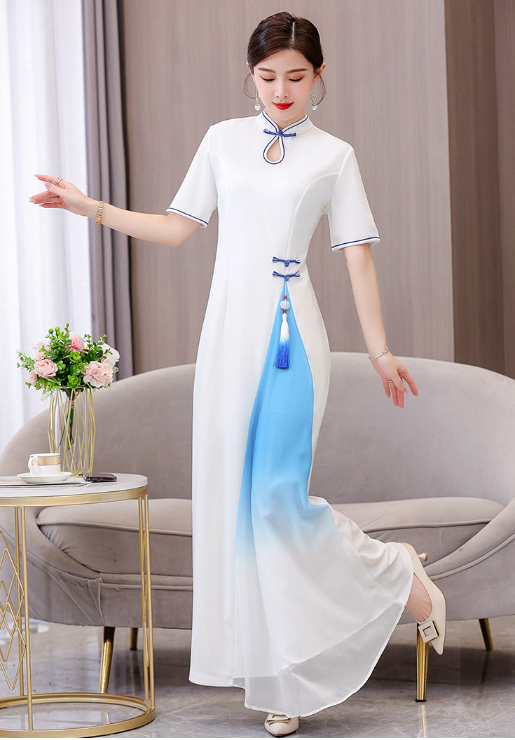 Women's Cheongsam Short Sleeve Qipao Long Dress