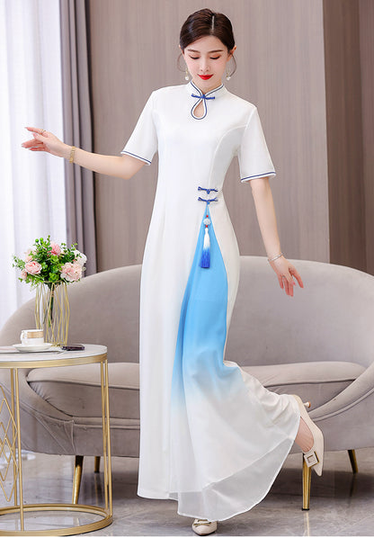 Women's Cheongsam Short Sleeve Qipao Long Dress