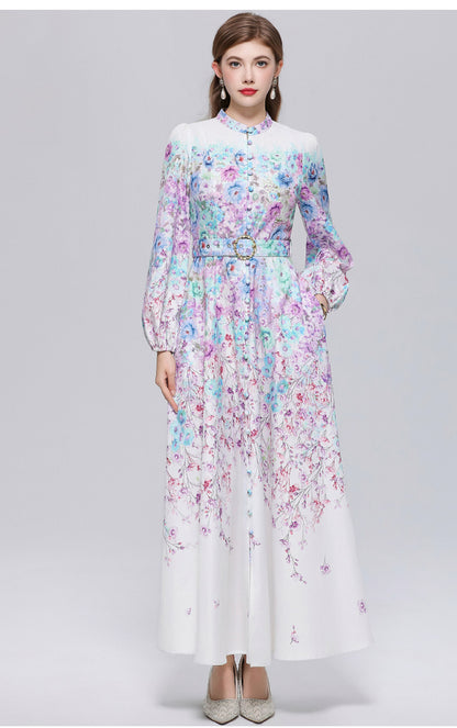 Women's Lantern Sleeve Floral Print Button Maxi Dress With Belts