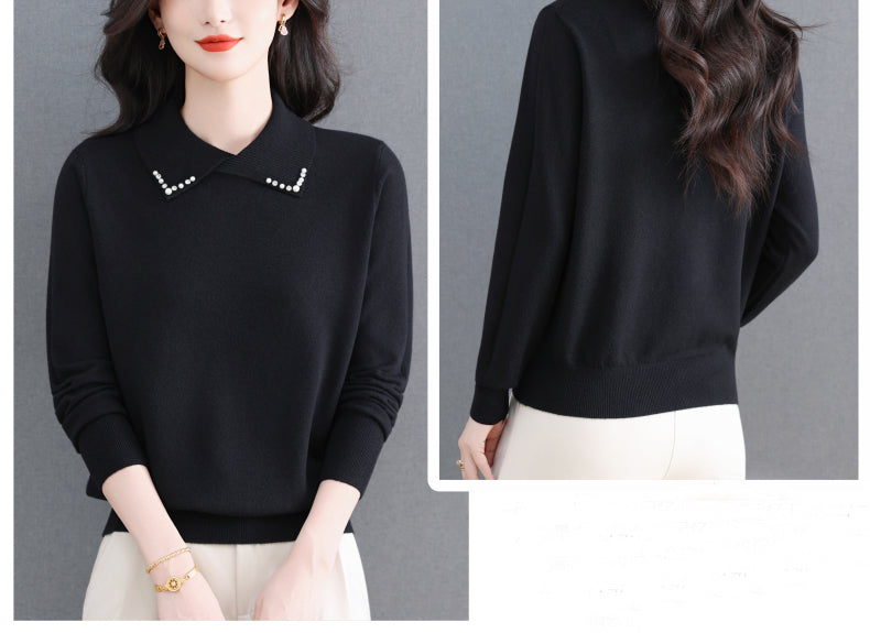 Women's Long Sleeve Sweater Lapel Collar Pullover Tops - LAI MENG FIVE CATS