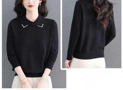 Women's Long Sleeve Sweater Lapel Collar Pullover Tops - LAI MENG FIVE CATS