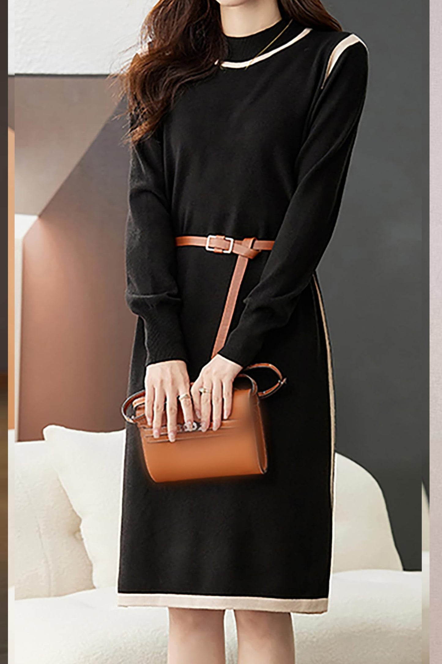 Knit Crew Neck A Line Midi Dress with Belt