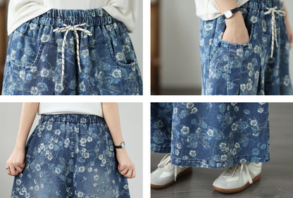 Women's Wide Leg Jeans Baggy Floral Wasited Elastic Pants - LAI MENG FIVE CATS