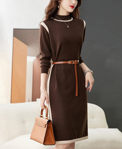 Women's Long Sleeve Basic Sweater Knit Color Block Dress