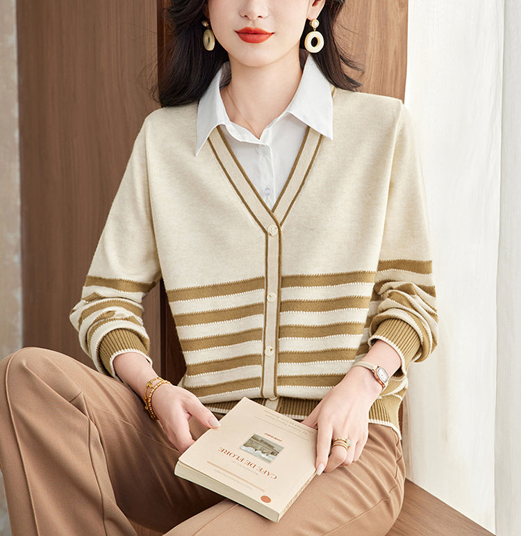Women's Striped Sweater 2 in 1 Lapel Knit Pullover