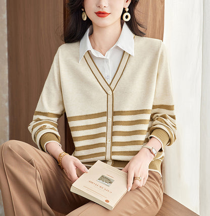 Women's Striped Sweater 2 in 1 Lapel Knit Pullover