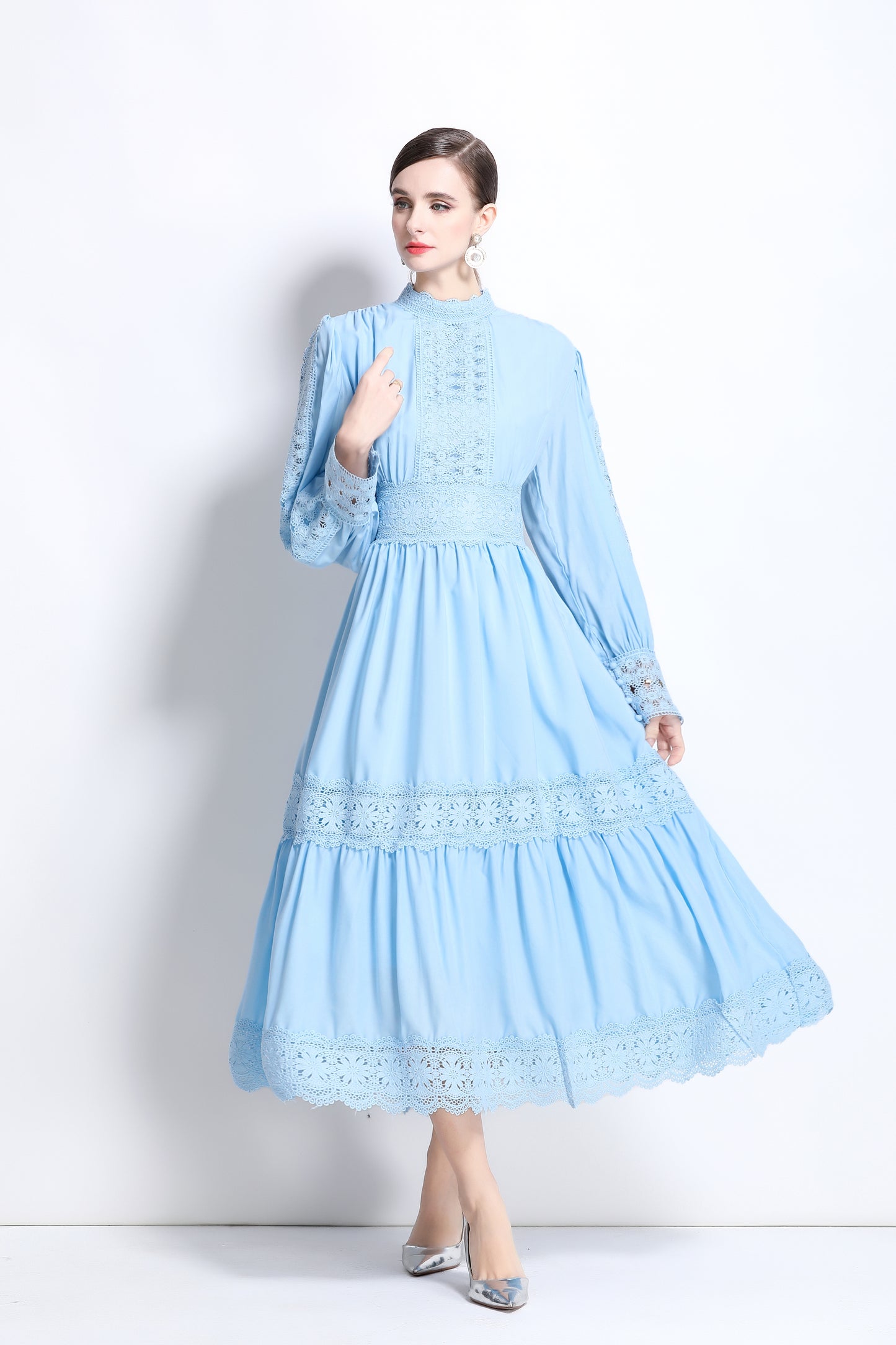 Women's Mock Neck Lantern Sleeve Lace Tiered Maxi Dress