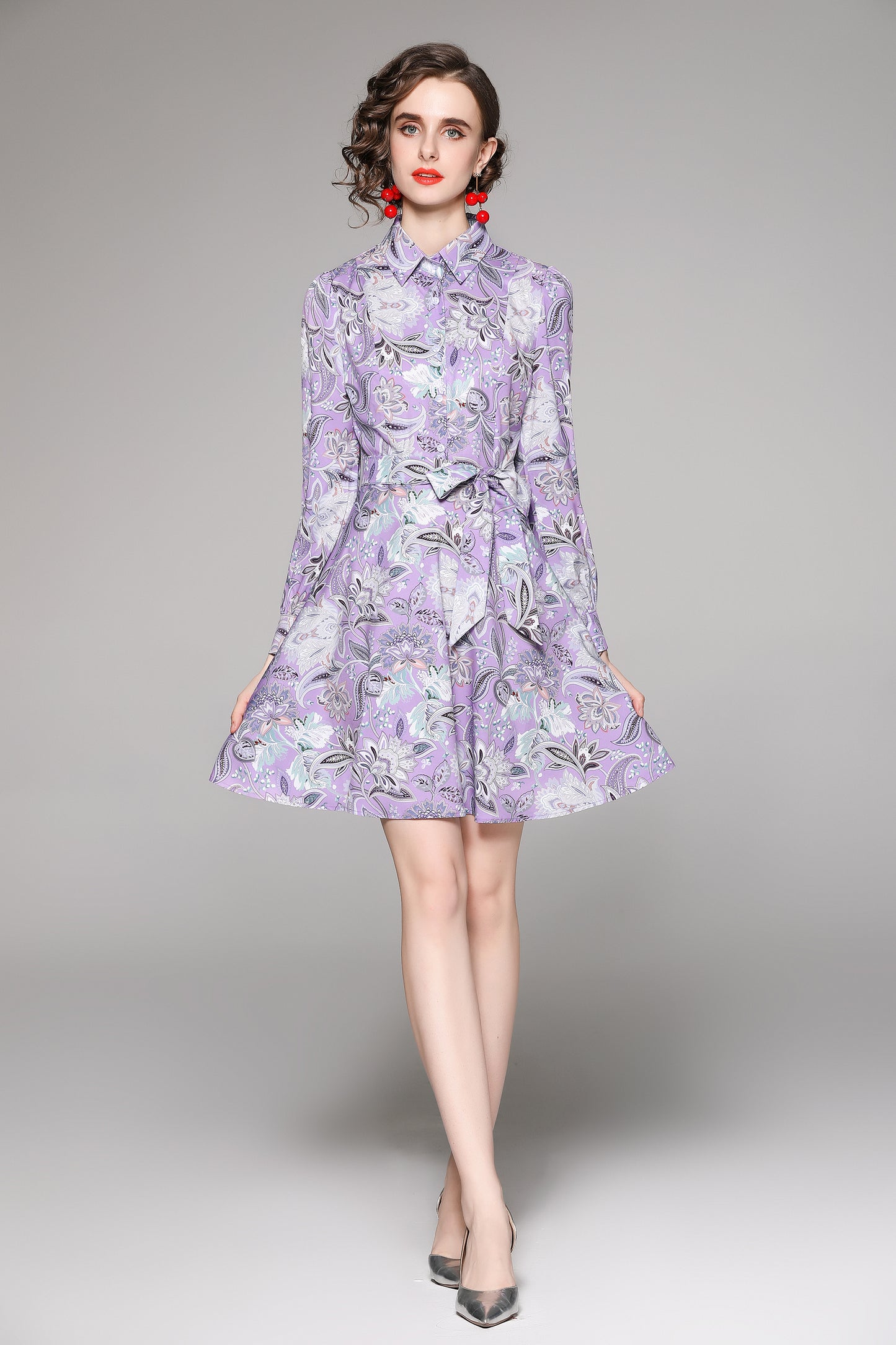 SSY-Women's Long Sleeve Lapel Collar Floral Mini Dress