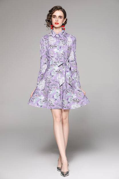 SSY-Women's Long Sleeve Lapel Collar Floral Mini Dress
