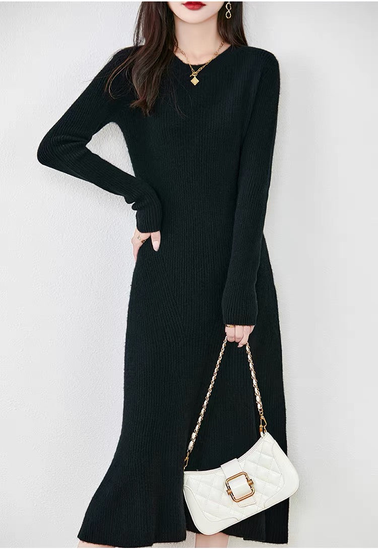 Women's Sweater Crewneck Ribbed Knit Midi Dress