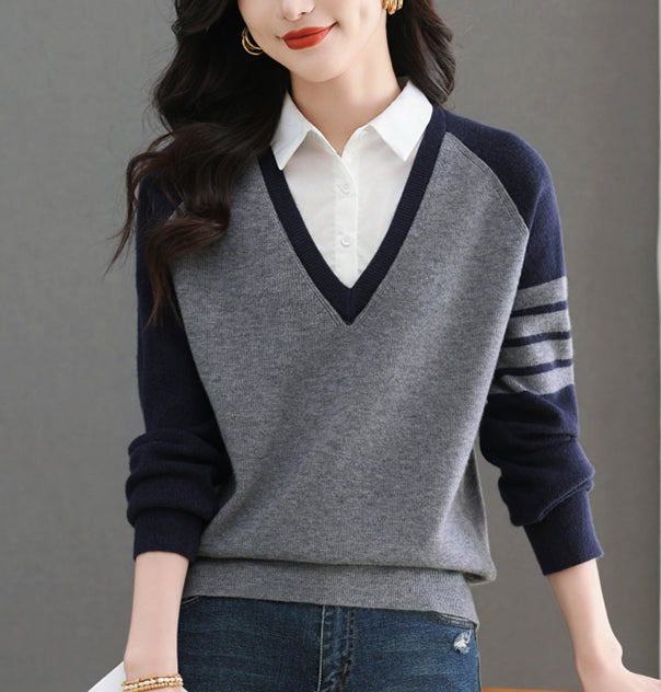 Women's V-Neck Pullover Top Striped Contrast Blouse