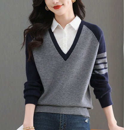 Women's V-Neck Pullover Top Striped Contrast Blouse
