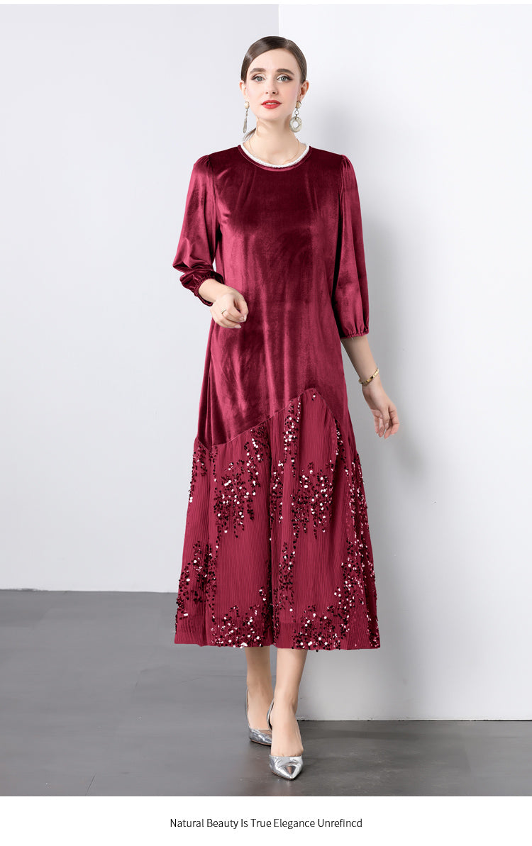 Velvet Lace Patchwork Sequins Midi Dress