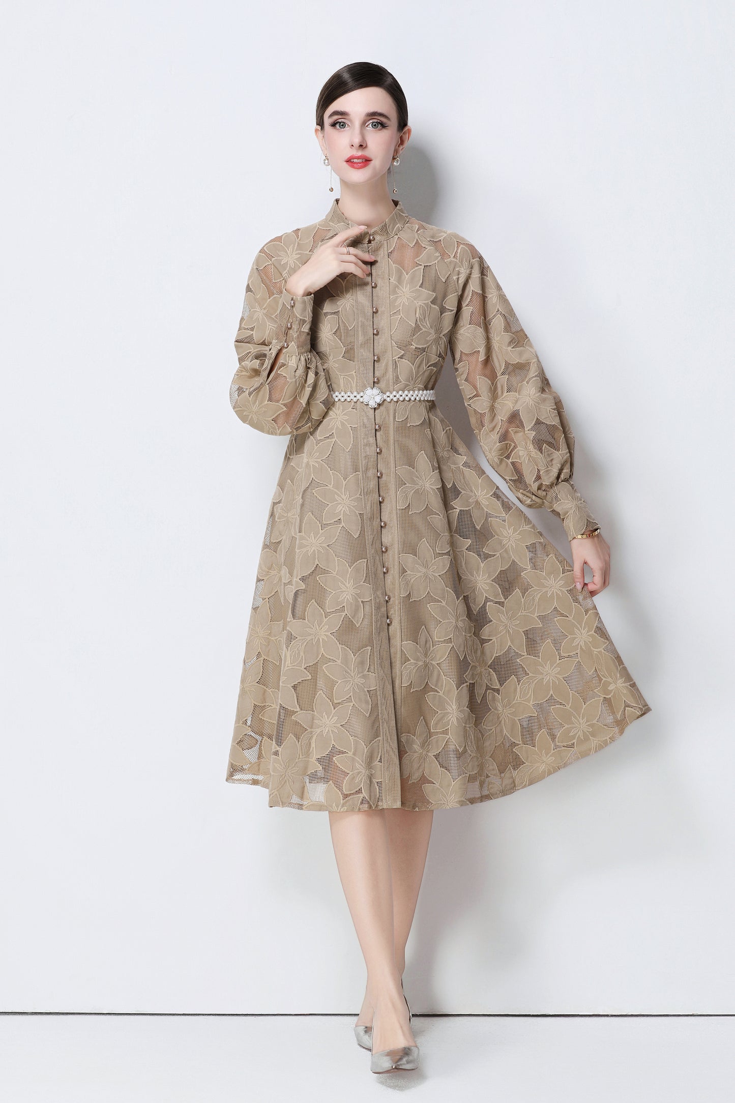 Women's Long Sleeve Eyelet Embroidery Button Midi Dress